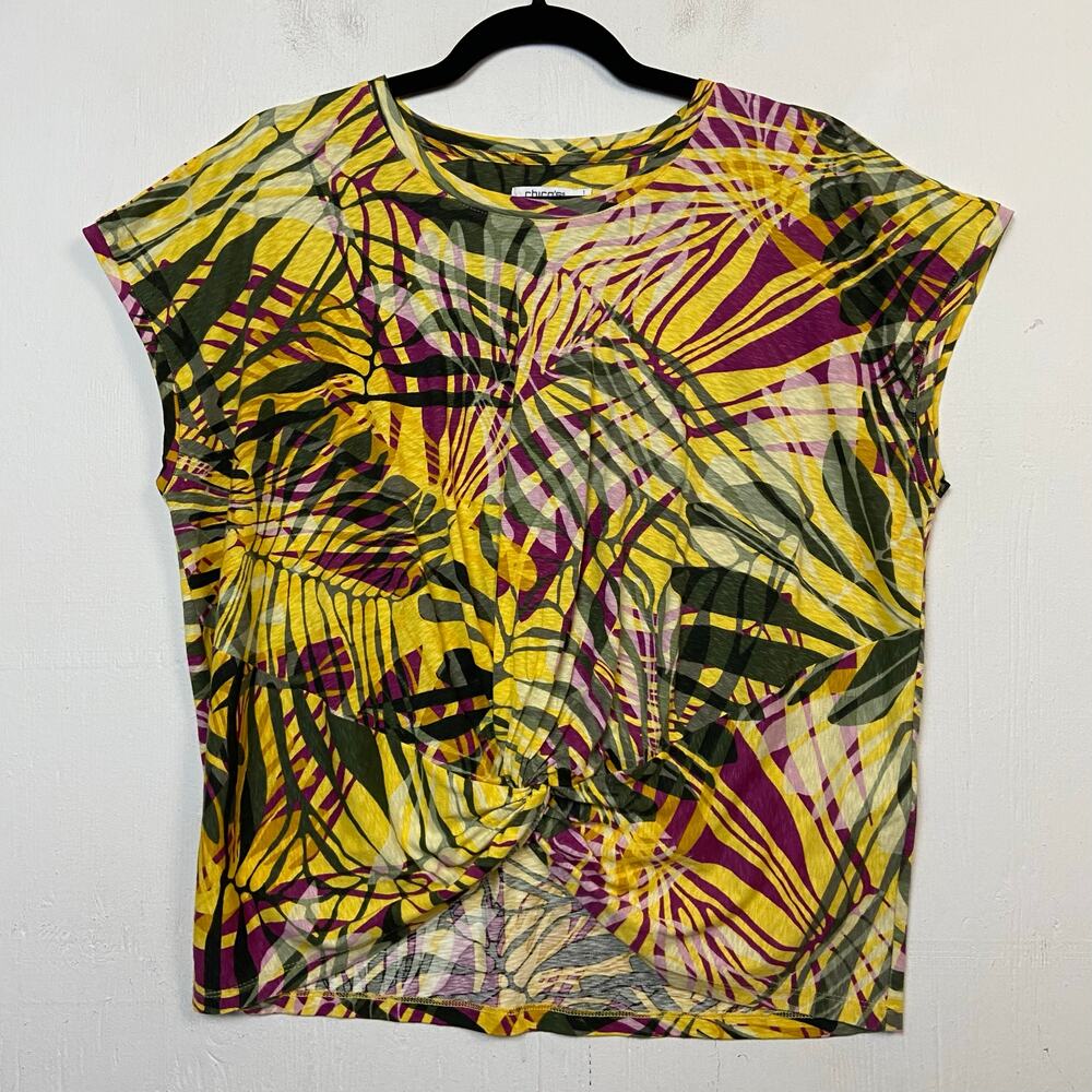 Chico’s Women’s Tropical Floral Twist Front Yellow Purple Top Size Medium